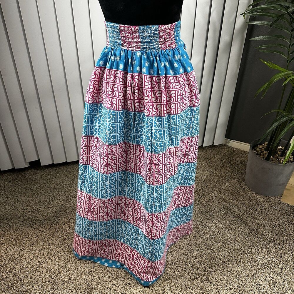 Jackpot Women's Free Size African Print Maxi Skirt Blue Pink White Front Tie Bow - Picture 2 of 8